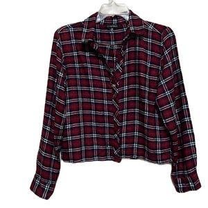Women’s STYLE ENVY, Plaid,Long Sleeves,5 button Down collared V-Neck Top, Medium